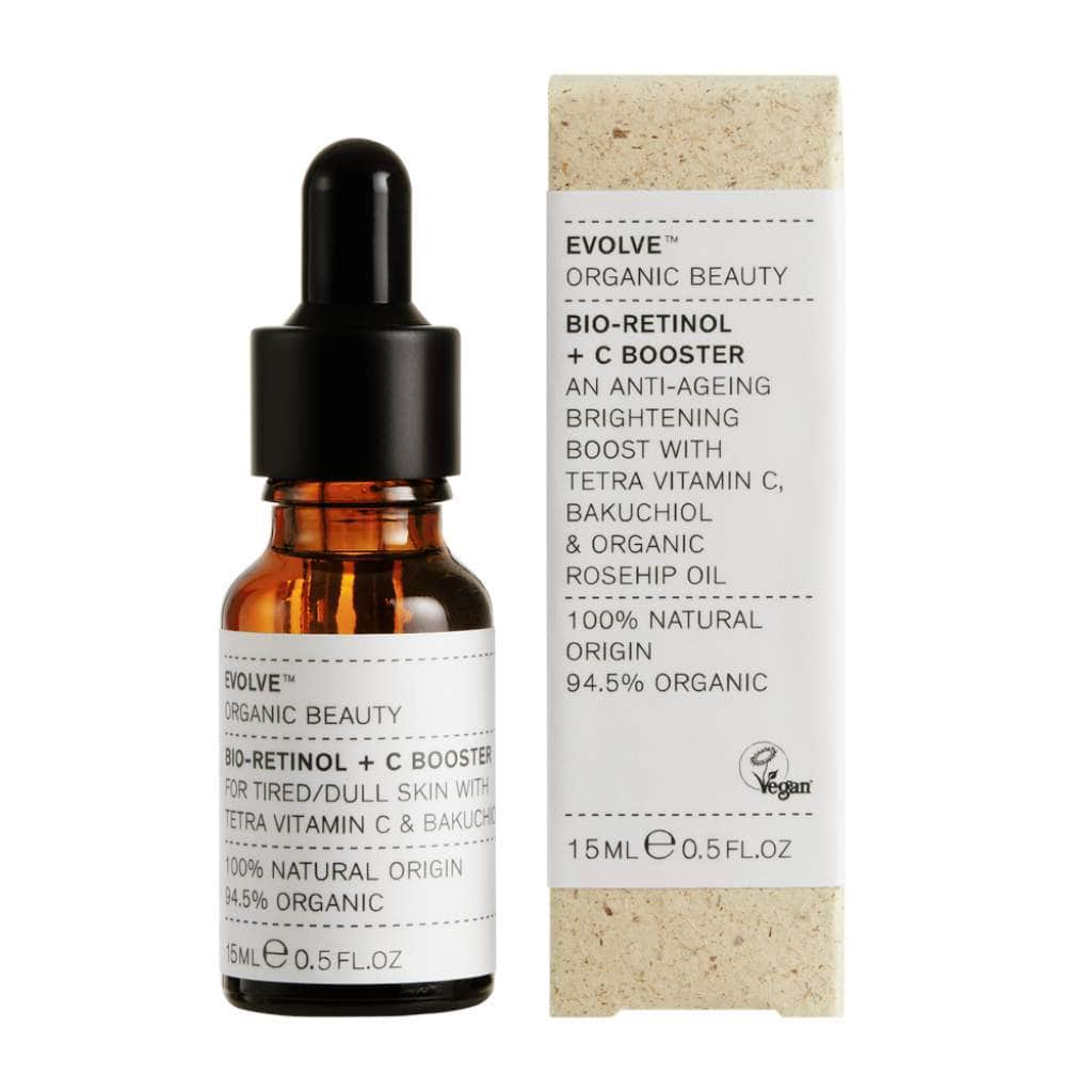 evolve organic skincare bio-retinol + c booster vitamin c face serum with compostable eco packaging