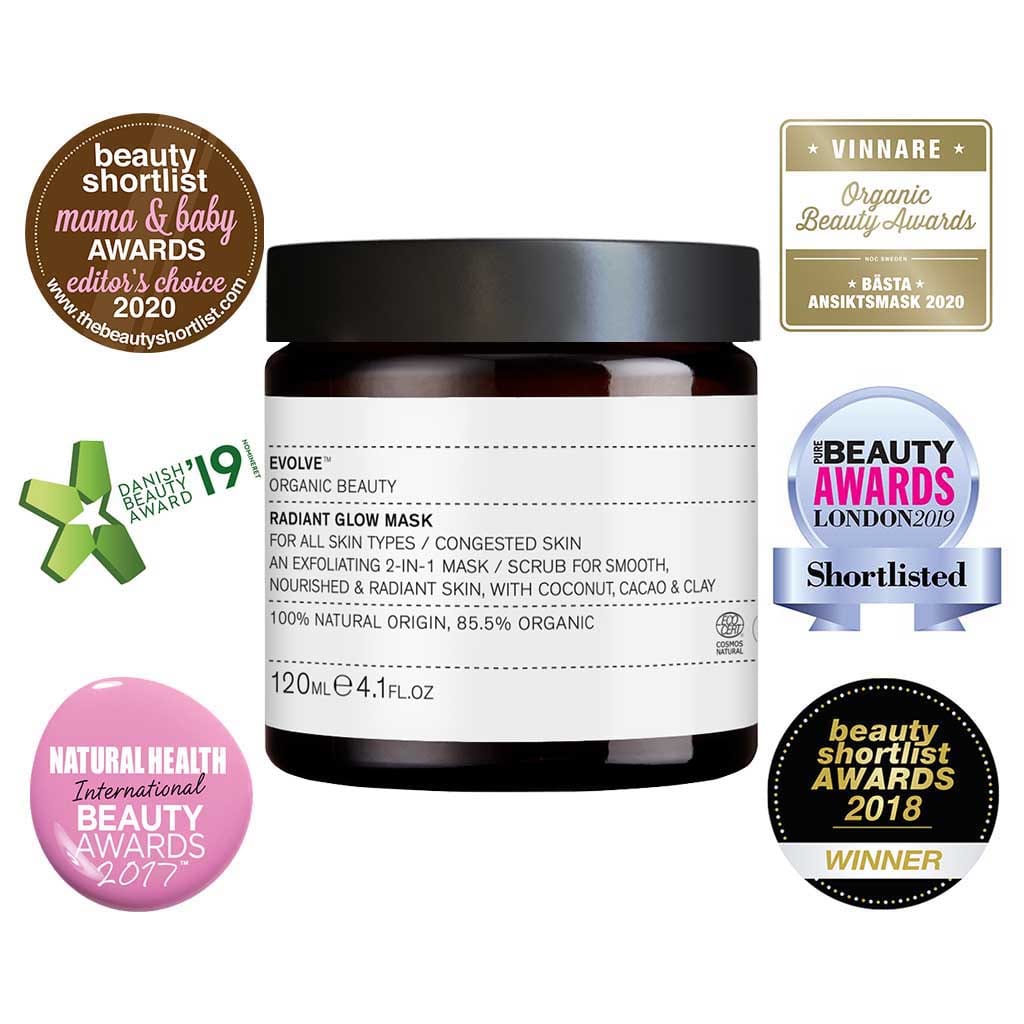 radiant glow 2-in-1 mask scrub evolve organic beauty exfoliating chocolate face mask in amber glass jar with award winner badges around it